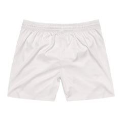 White athletic shorts with elastic waistband, back view