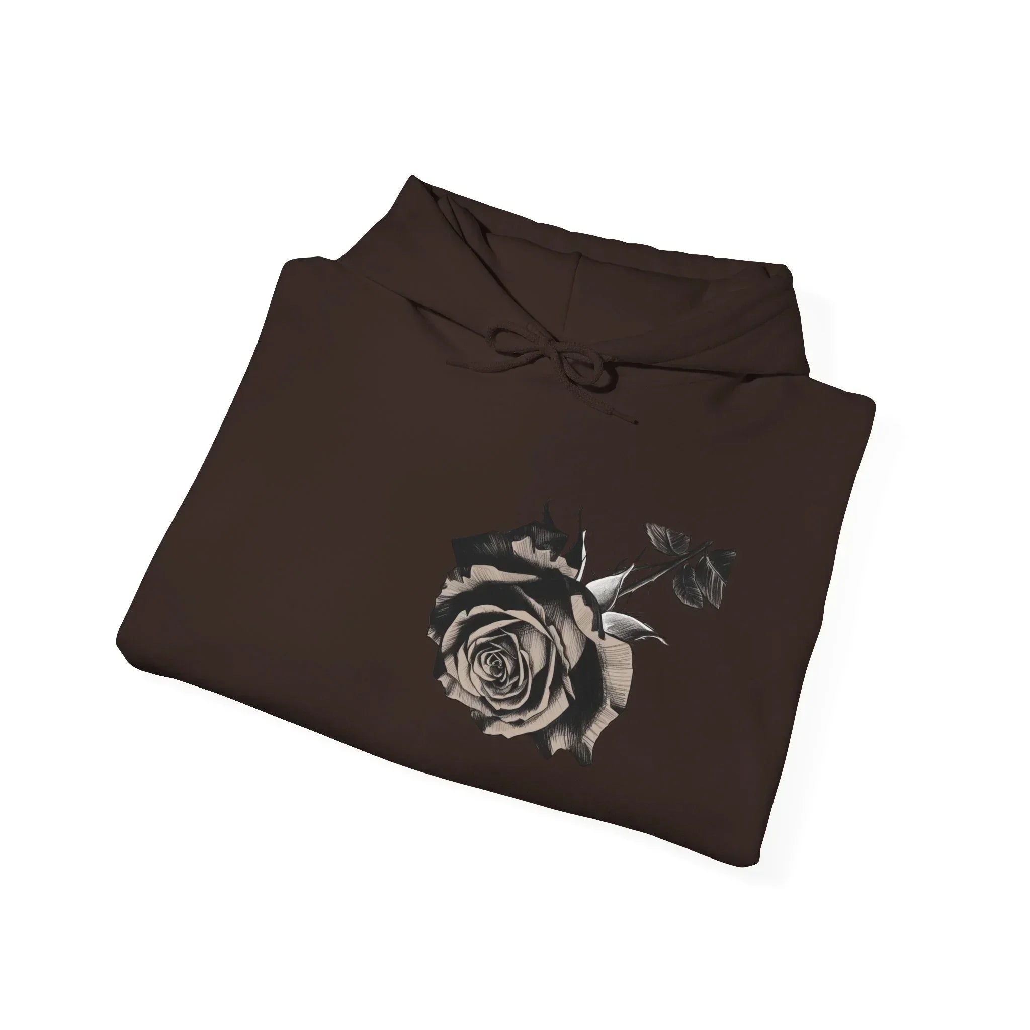 Folded black hoodie with a large monochrome rose graphic on the front, minimalist design