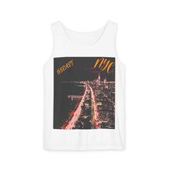 White tank top with NYC night cityscape graphic and orange '95EAST' and 'nyc.' text.