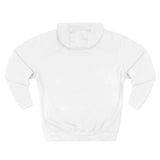 Back view of plain white hooded sweatshirt on white background