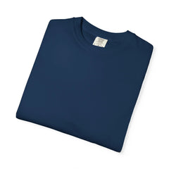 Navy blue Comfort Colors t-shirt, folded, with tag visible, ideal for custom designs and everyday wear.