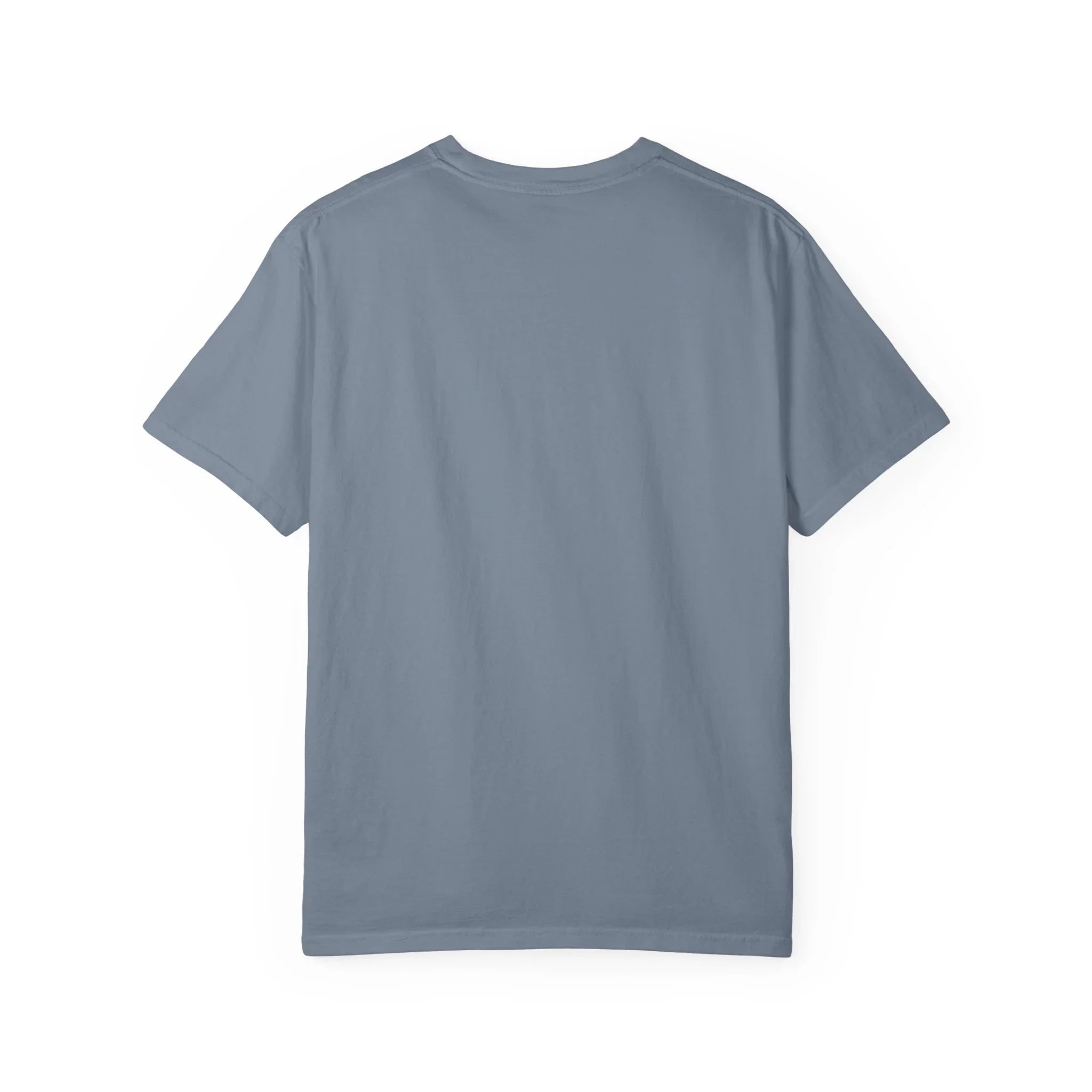 Solid gray t-shirt back view, plain design, no graphics or text visible