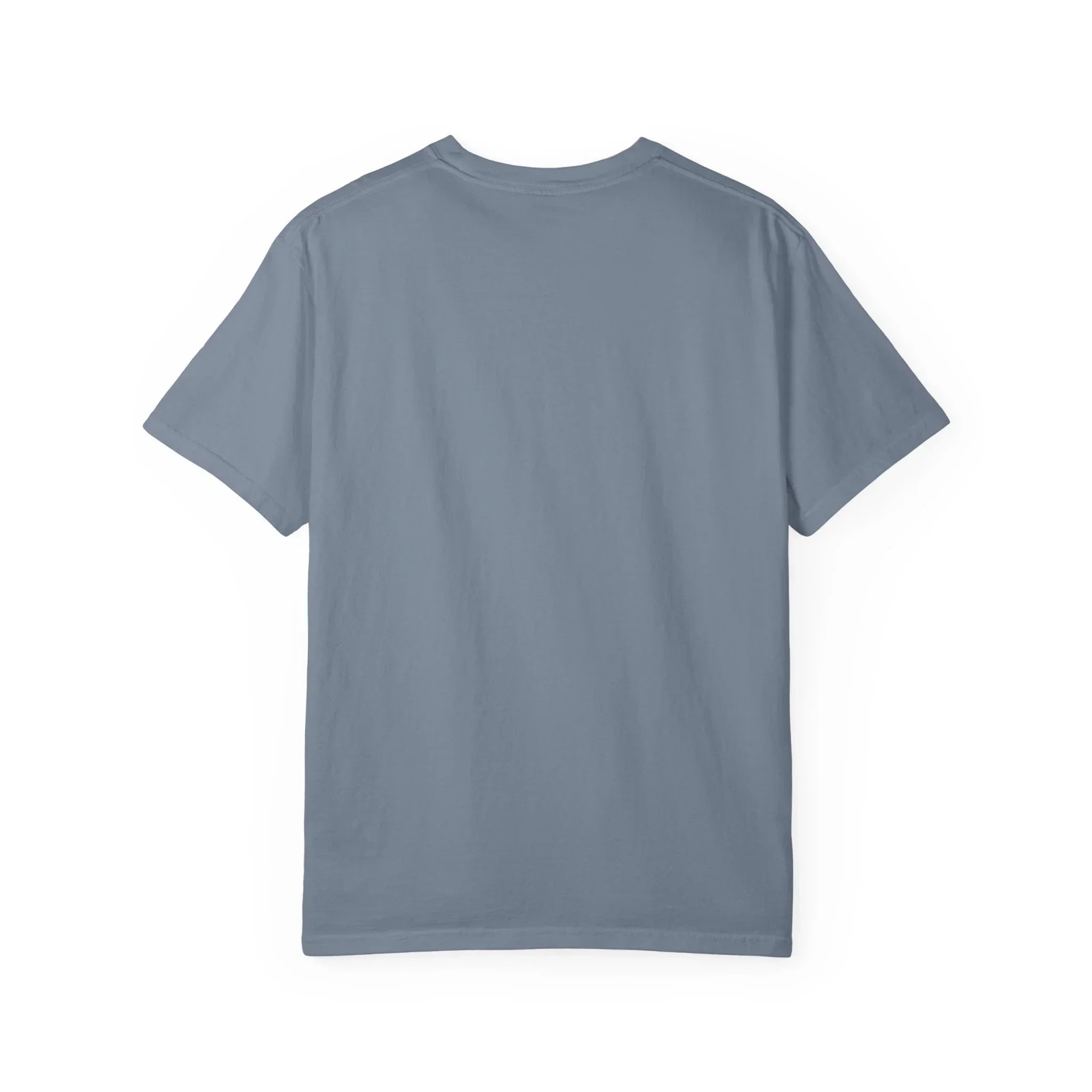 Solid gray t-shirt back view, plain design, no graphics or text visible