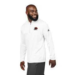 Man wearing white quarter-zip pullover with red rose embroidery and black pants