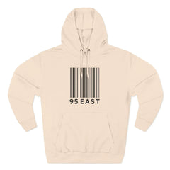 Beige hoodie with bold barcode design and '95 EAST' text, modern streetwear style