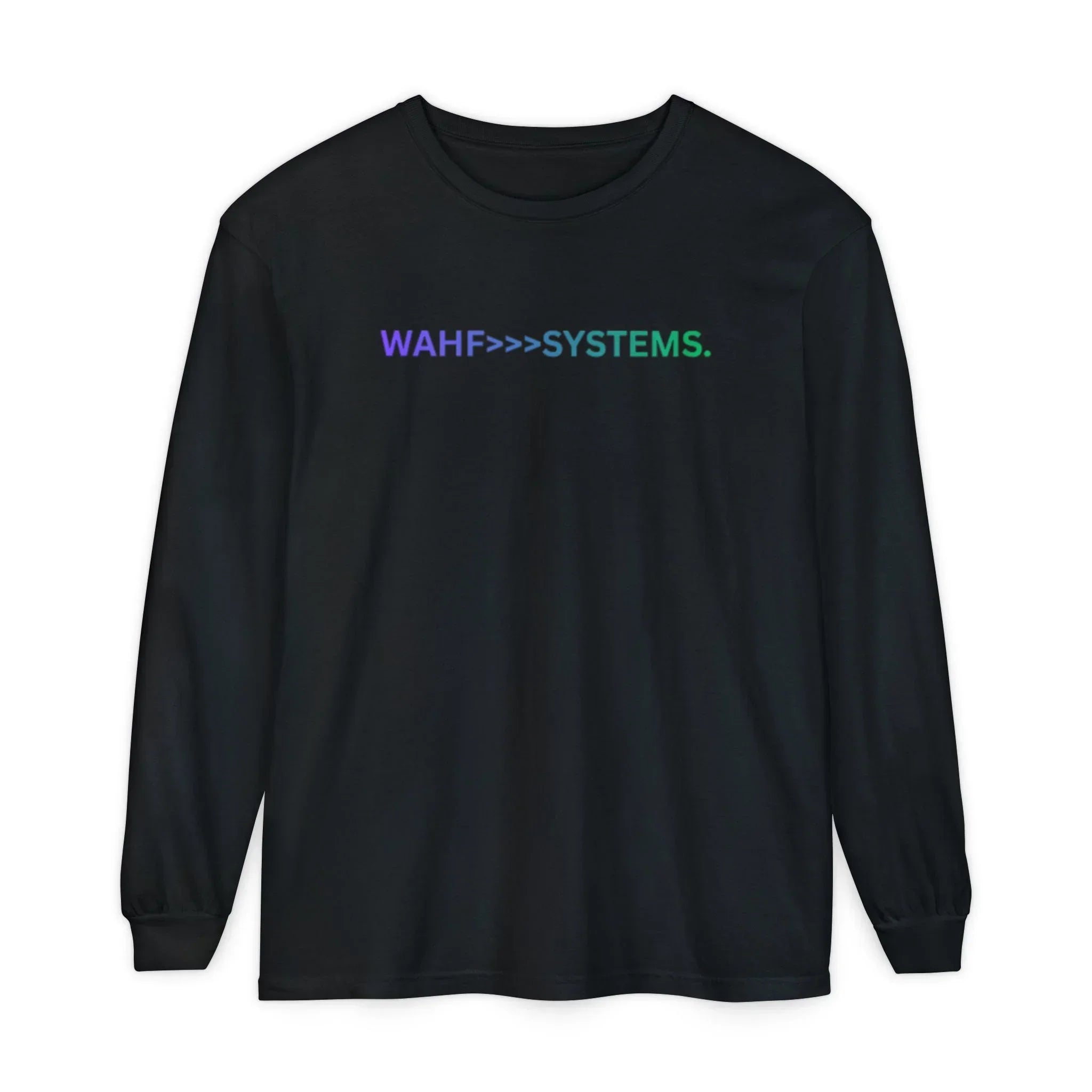 Black long sleeve shirt with 'WAHF>>>SYSTEMS.' text in gradient colors on chest