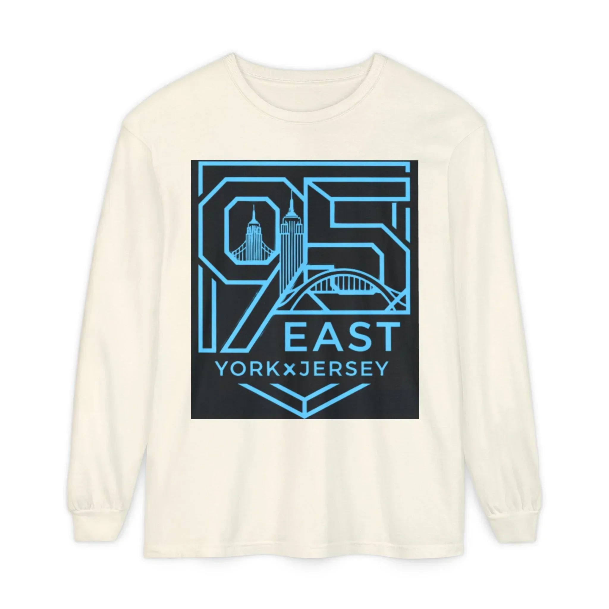 Cream long-sleeve shirt with blue '95 East YorkxJersey' graphic featuring city skyline and bridge design