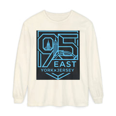 Cream long-sleeve shirt with blue '95 East YorkxJersey' graphic featuring city skyline and bridge design