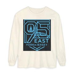 Cream long-sleeve shirt with blue '95 East YorkxJersey' graphic featuring city skyline and bridge design