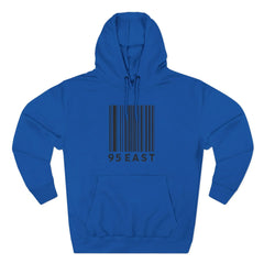 Blue hoodie with barcode design and 95 EAST text, modern East Coast style apparel