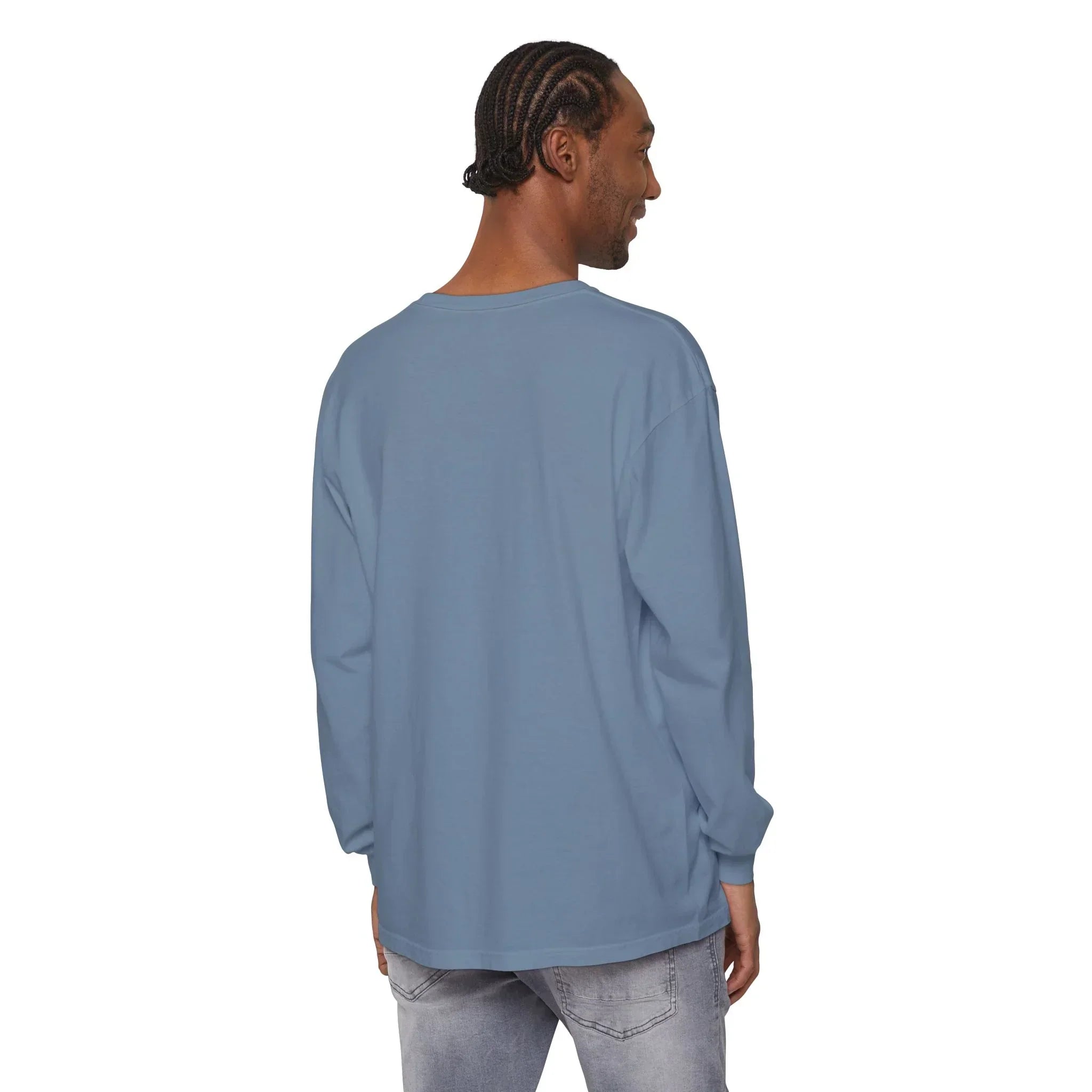 Man wearing blue long sleeve t-shirt, back view, casual streetwear style