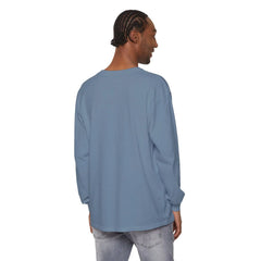 Man wearing blue long sleeve t-shirt, back view, casual streetwear style
