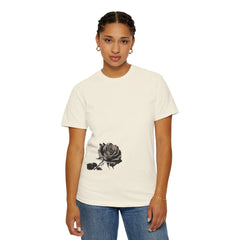 Cream t-shirt with black rose graphic, styled with jeans for casual, modern East Coast fashion.