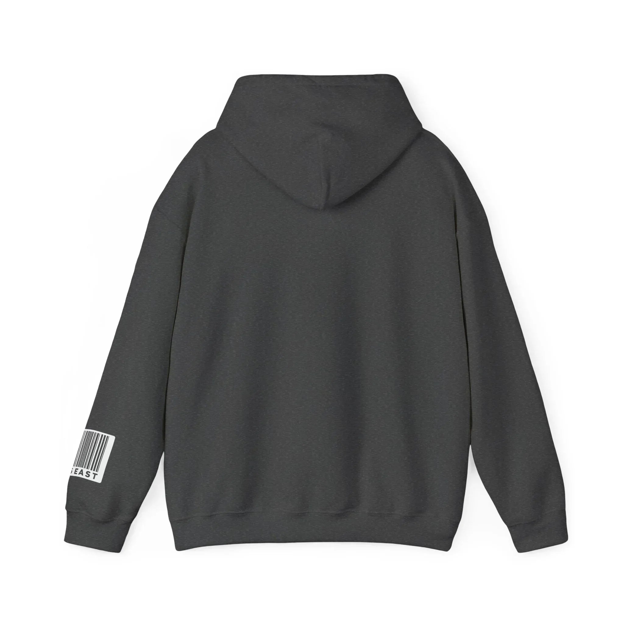 Black hoodie back view with barcode graphic on left sleeve, minimalist modern design