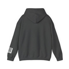 Black hoodie back view with barcode graphic on left sleeve, minimalist modern design