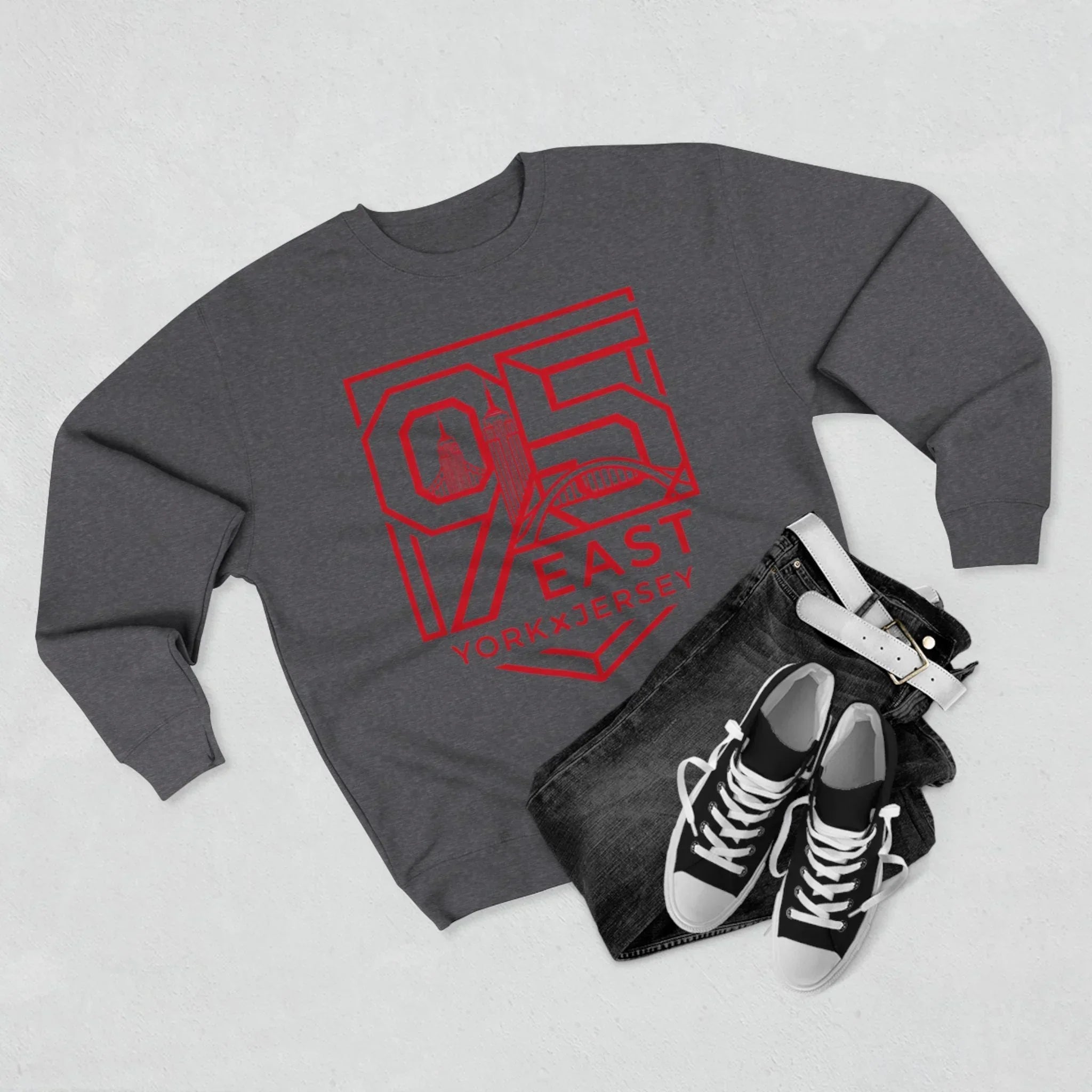 Gray sweatshirt with red 95 East YorkxJersey graphic, paired with jeans and sneakers
