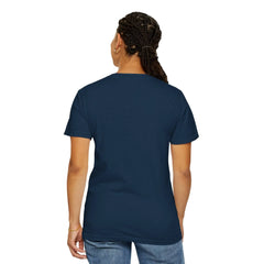 Navy blue t-shirt worn by woman with braided hair, showcasing minimalist design and casual style.
