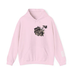 Light pink hoodie with black rose graphic on chest and barcode detail on sleeve