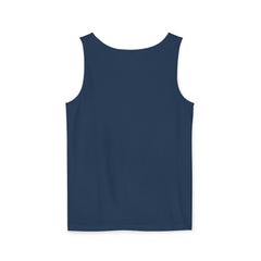 Back view of plain navy blue unisex tank top against white background