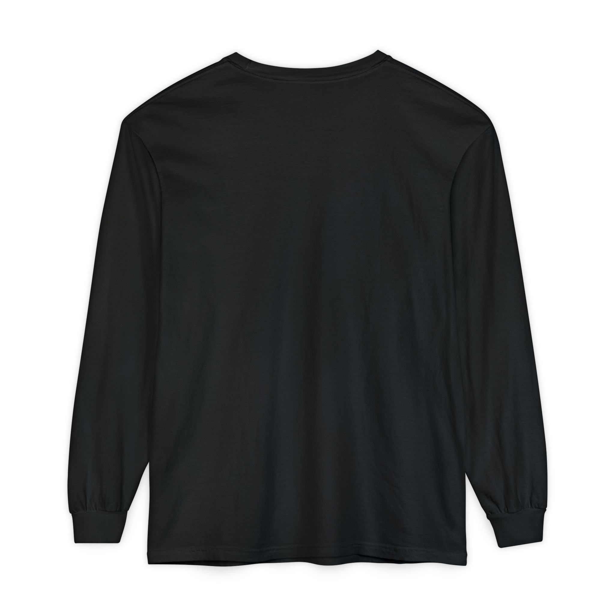 Black long sleeve hoodie back view, rose graphic & barcode sleeve detail