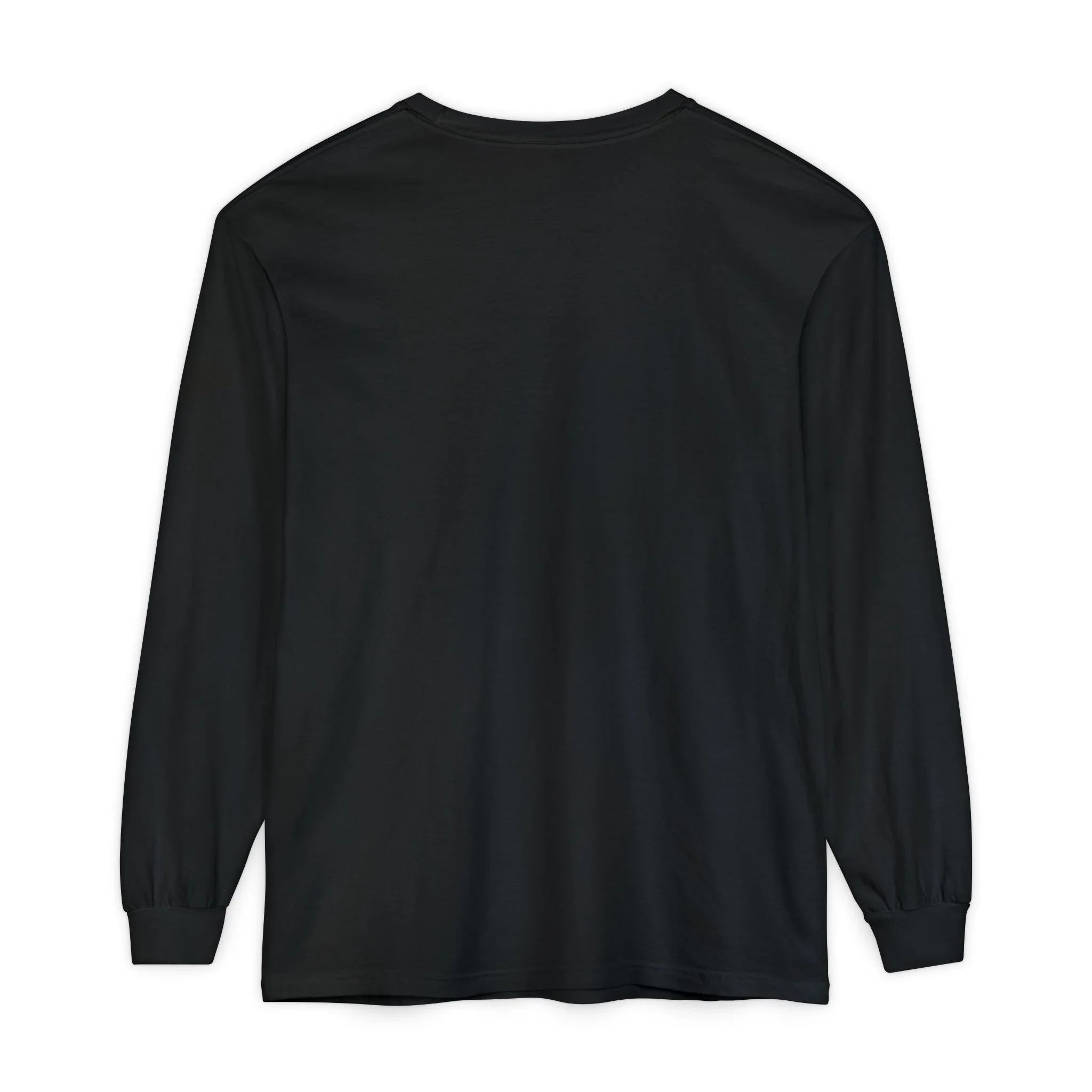 Black long sleeve hoodie back view, rose graphic & barcode sleeve detail