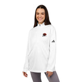 Smiling woman wearing a white quarter-zip pullover with red rose embroidery and black logo sleeve detail