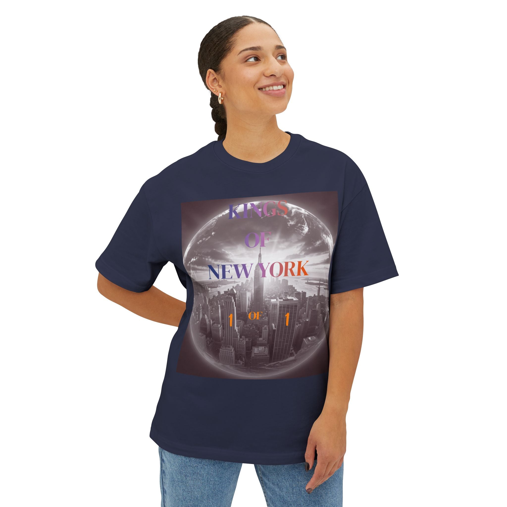 Navy t-shirt with 'Kings of New York' graphic, city skyline, and globe design