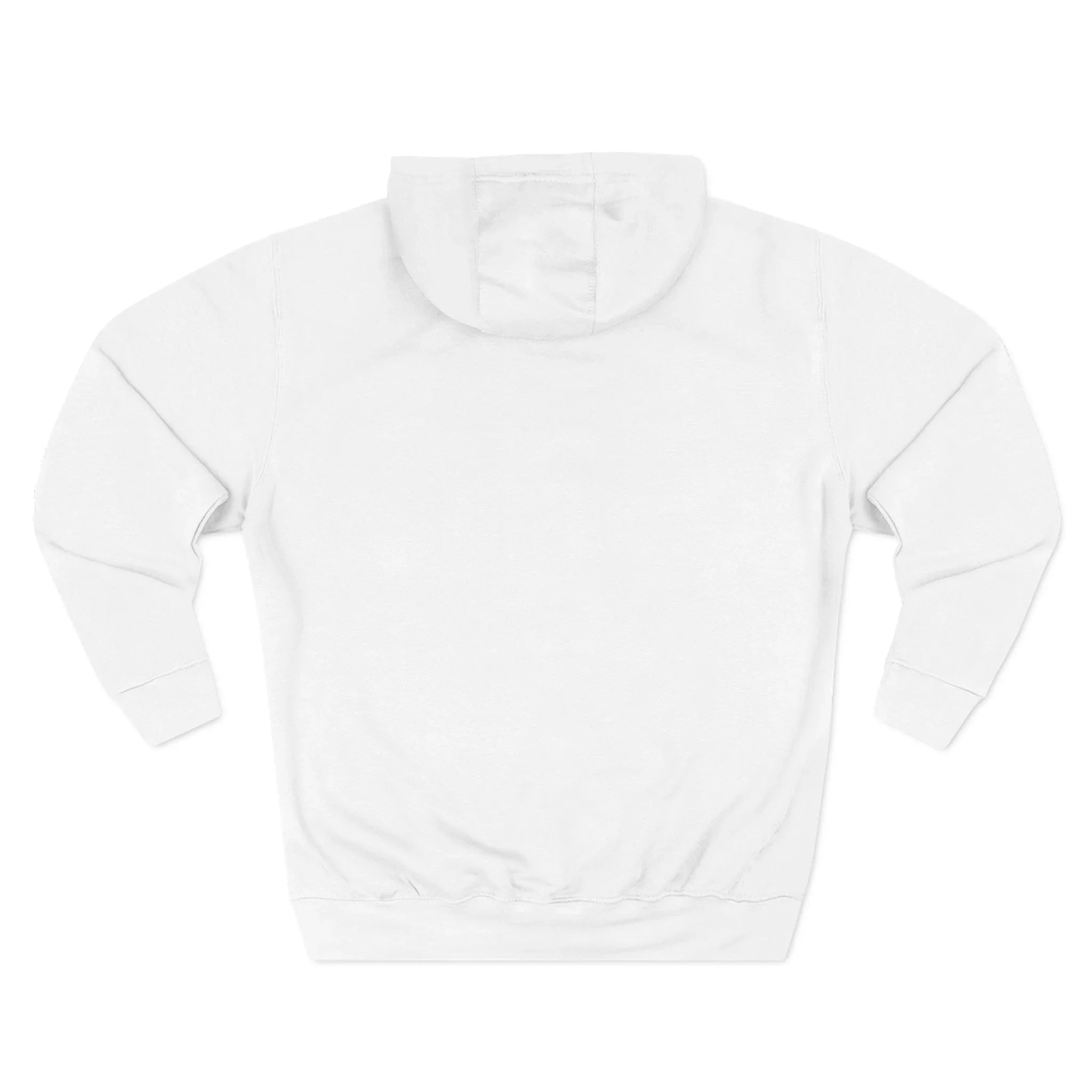 White hoodie back view, plain design, no graphics or logos visible