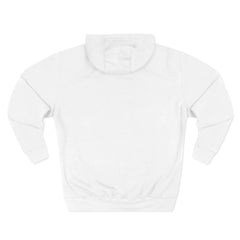 White hoodie back view, plain design, no graphics or logos visible