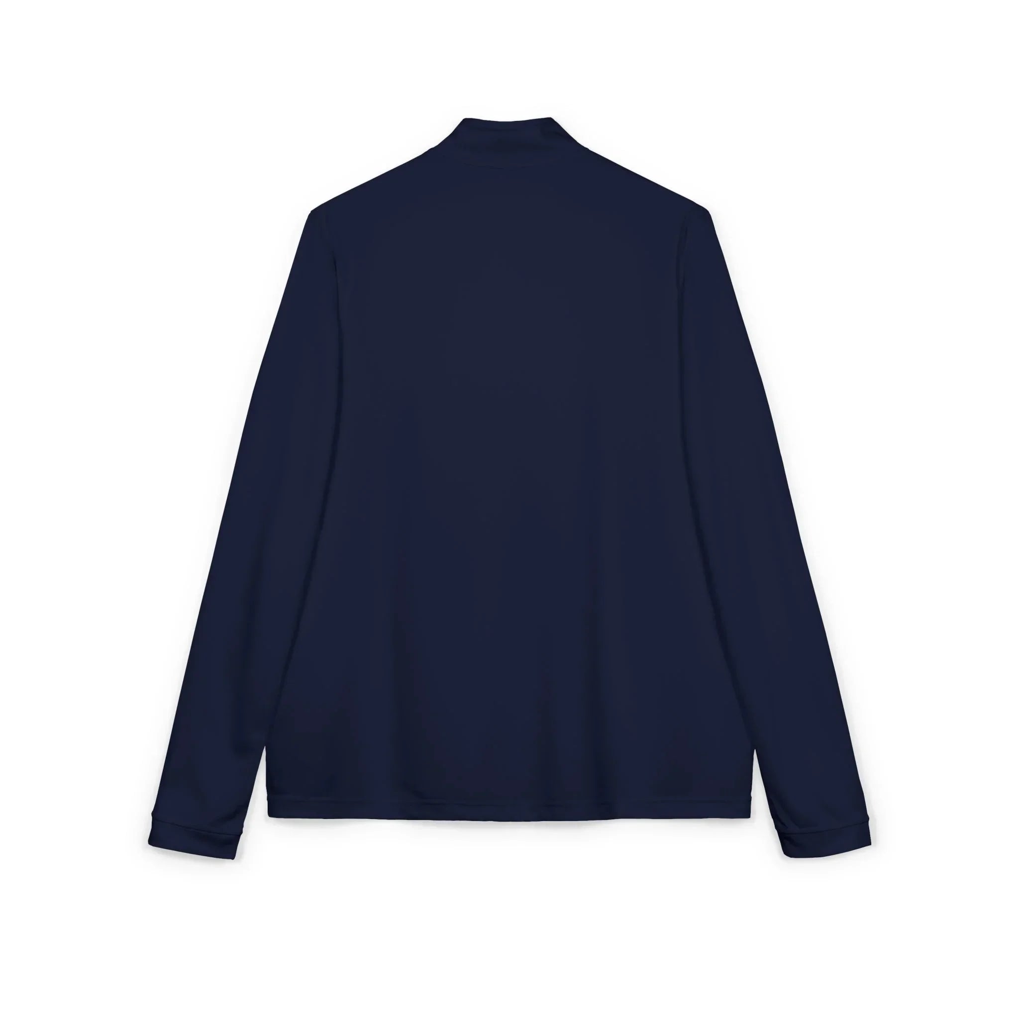 Back view of a navy blue long sleeve shirt on a white background