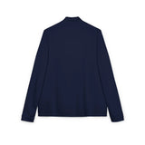Back view of a navy blue long sleeve shirt on a white background