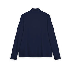 Back view of a navy blue long sleeve shirt on a white background