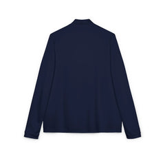 Back view of a navy blue long sleeve shirt on a white background