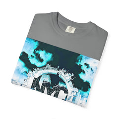 Gray t-shirt with abstract city skyline graphic in teal and white, urban streetwear design