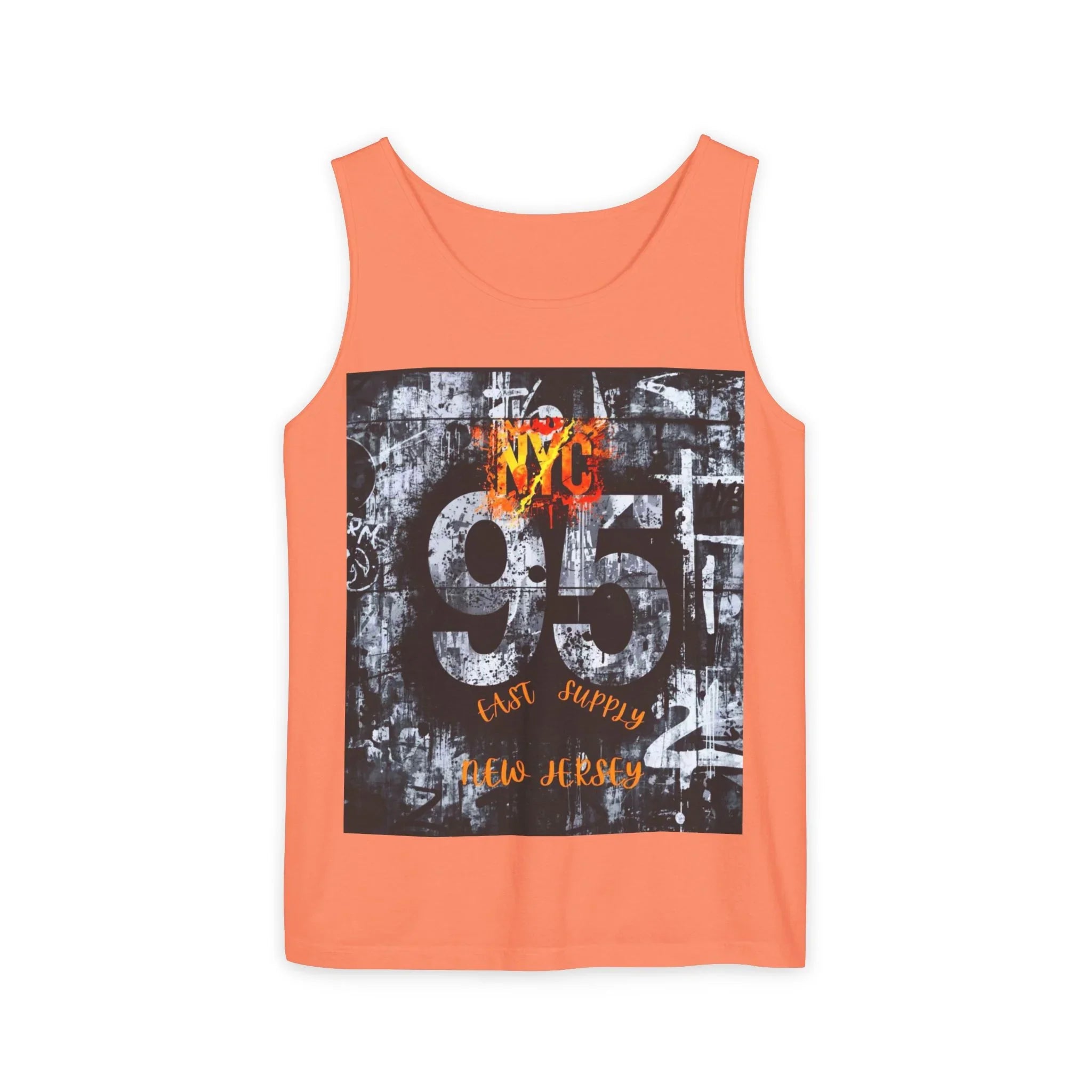 Orange tank top with NYC 95 East Supply New Jersey graphic design