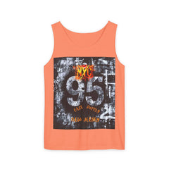 Orange tank top with NYC 95 East Supply New Jersey graphic design