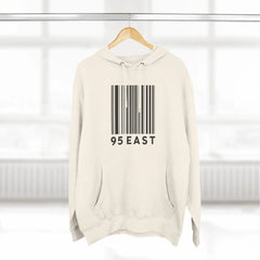 Cream hoodie with barcode design and 95 EAST text, modern East Coast style apparel