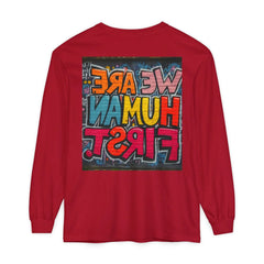 Red long sleeve shirt with colorful graffiti text graphic on back, urban street style
