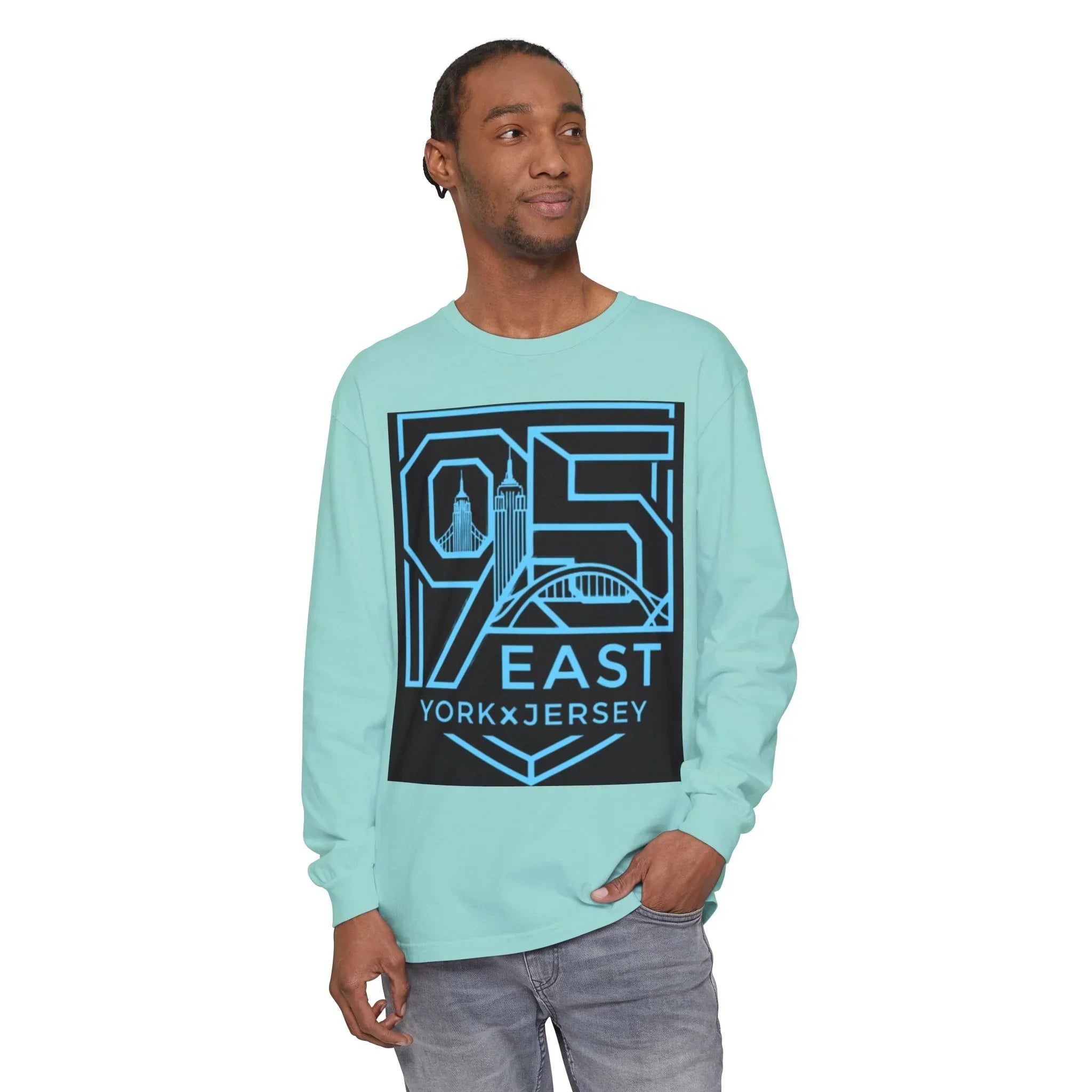 Mint long sleeve tee with bold '95 East YorkxJersey' graphic, featuring city skyline design for East Coast style.