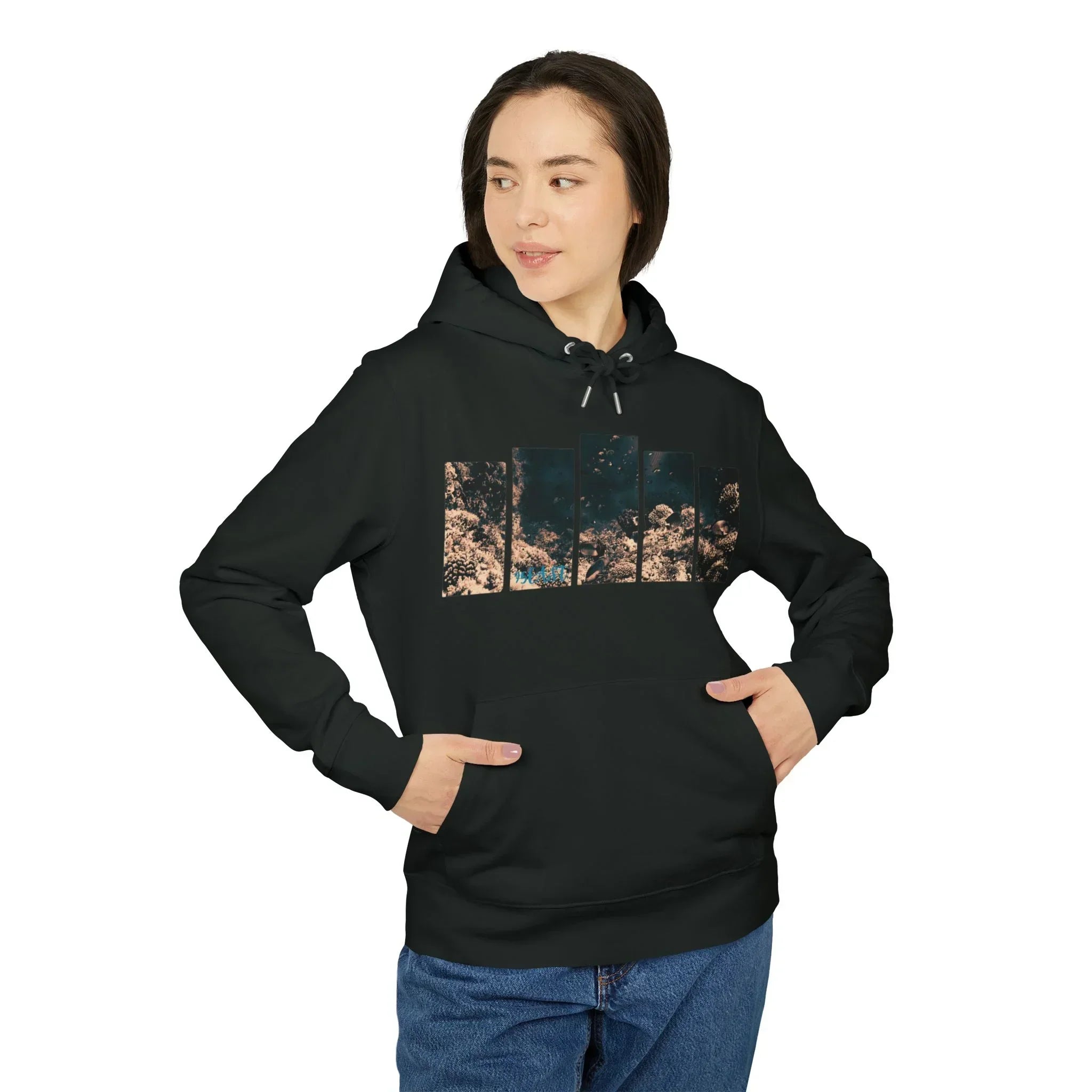 Black hoodie with coral reef print, modern East Coast style