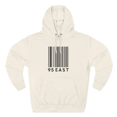 Cream hoodie with bold barcode graphic and '95 EAST' text, modern streetwear style