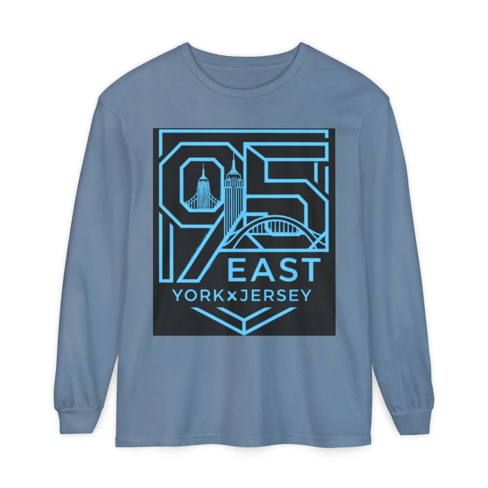 Blue long-sleeve tee with bold '95 East YorkxJersey' graphic, featuring city skyline and bridge design.