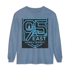 Blue long-sleeve tee with bold '95 East YorkxJersey' graphic, featuring city skyline and bridge design.