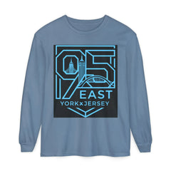 Blue long-sleeve tee with bold '95 East YorkxJersey' graphic, featuring city skyline and bridge design.