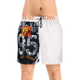 Men's 95EAST NYC graphic swim trunks with bold print, drawstring waist, and East Supply branding