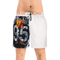 Men's 95EAST NYC graphic swim trunks with bold print, drawstring waist, and East Supply branding