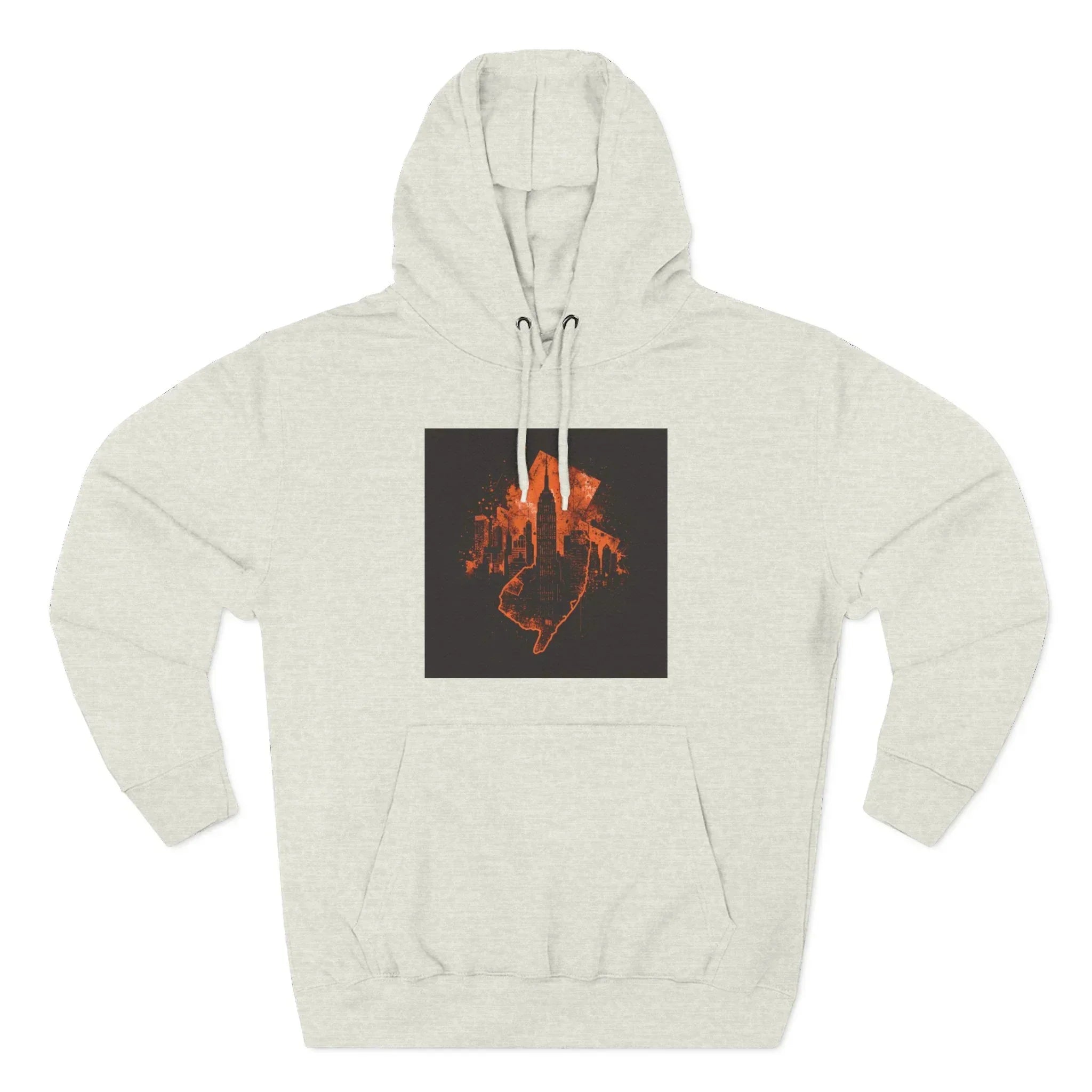 Light gray hoodie with bold orange cityscape and hand graphic on chest, modern streetwear style