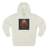 Light gray hoodie with bold orange cityscape and hand graphic on chest, modern streetwear style