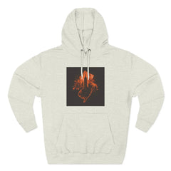 Light gray hoodie with bold orange cityscape and hand graphic on chest, modern streetwear style