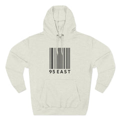 Light gray hoodie with bold barcode design and '95 EAST' text, modern East Coast style apparel